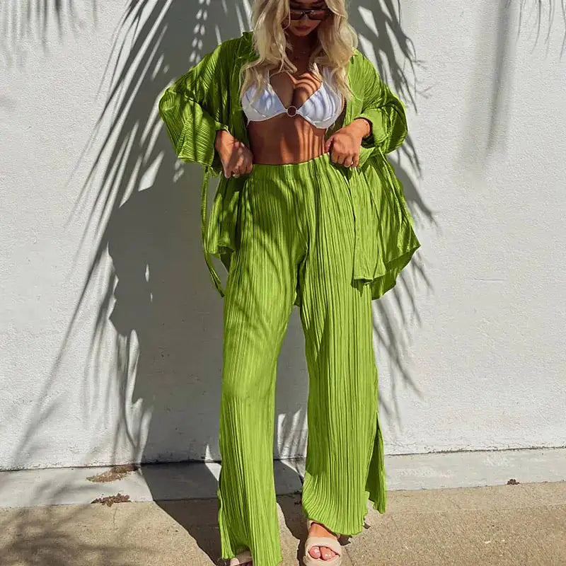 Luxe Pleated Plisse Shirt and Pants Set in Green