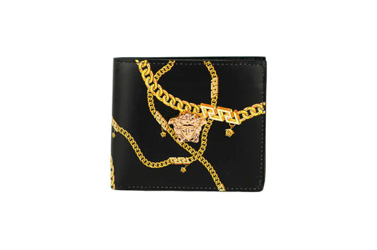 Versace Black Leather Gold Medusa Chain Logo Bifold Wallet