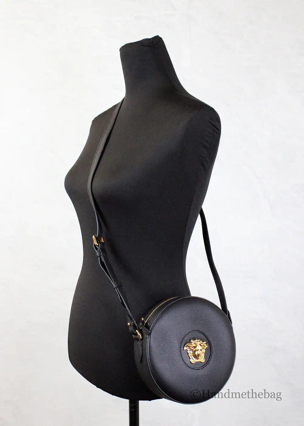 Versace Round Disco Black Leather Camera Case Crossbody Bag