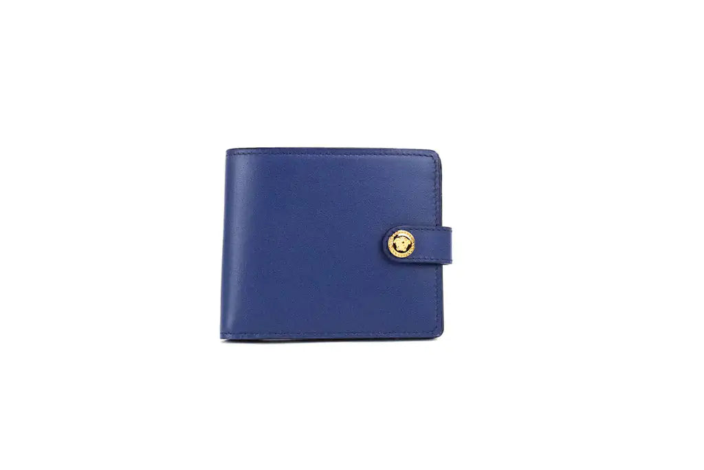 Versace Navy Blue Compact Leather Medusa Snap Bifold Wallet