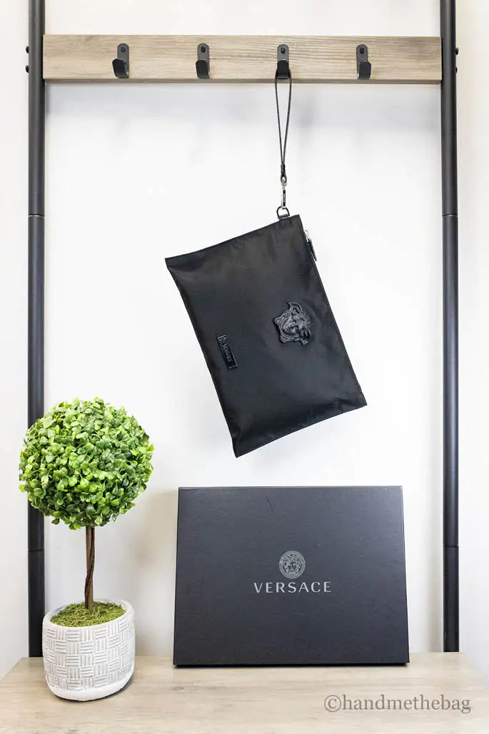 Versace Large Black Nylon Medusa Convertible Pouch Clutch