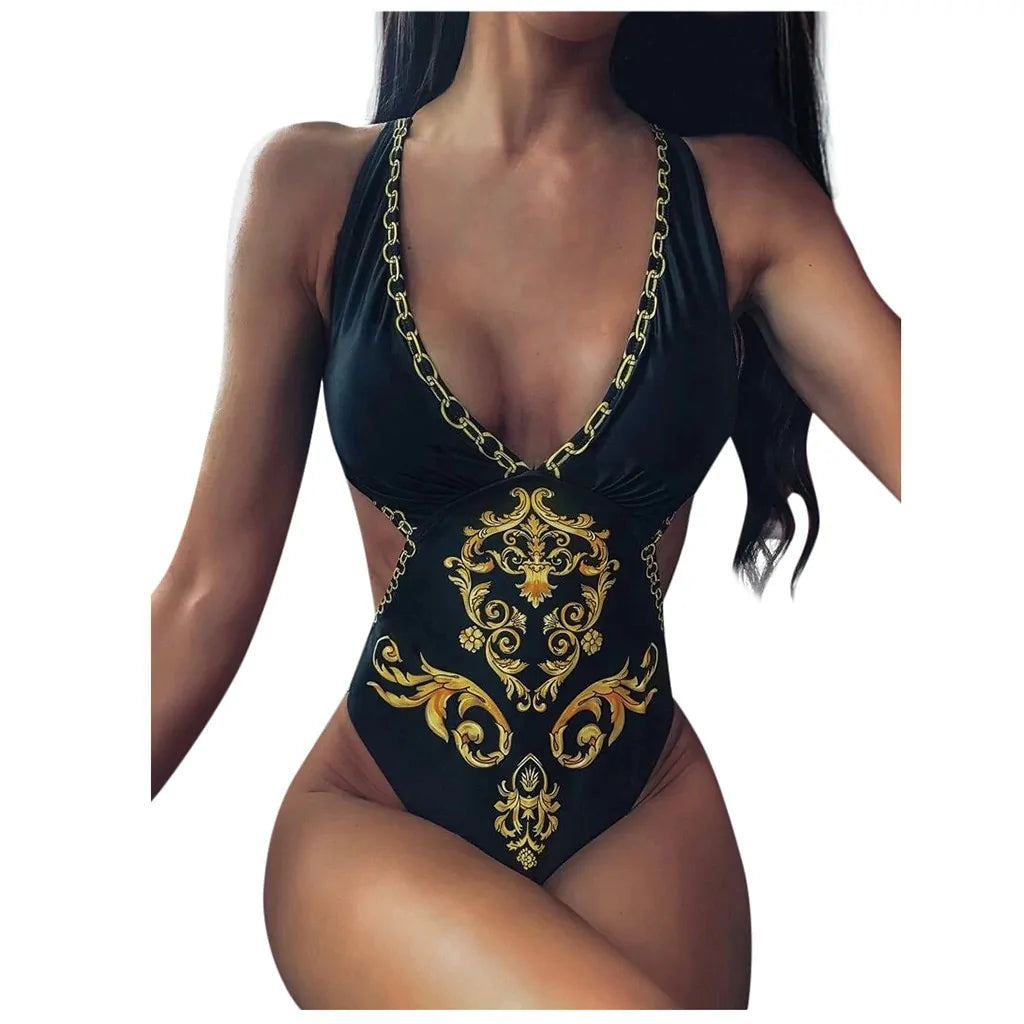 Baroque Print Criss Cross Monokini Swimsuit - Women's Beachwear 2021