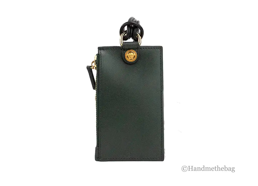 Versace Bottle Green Leather Zip Card Case Lanyard Wallet