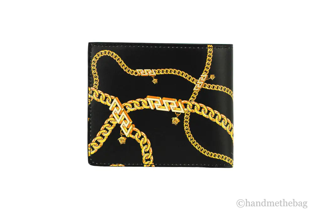 Versace Black Leather Gold Medusa Chain Logo Bifold Wallet