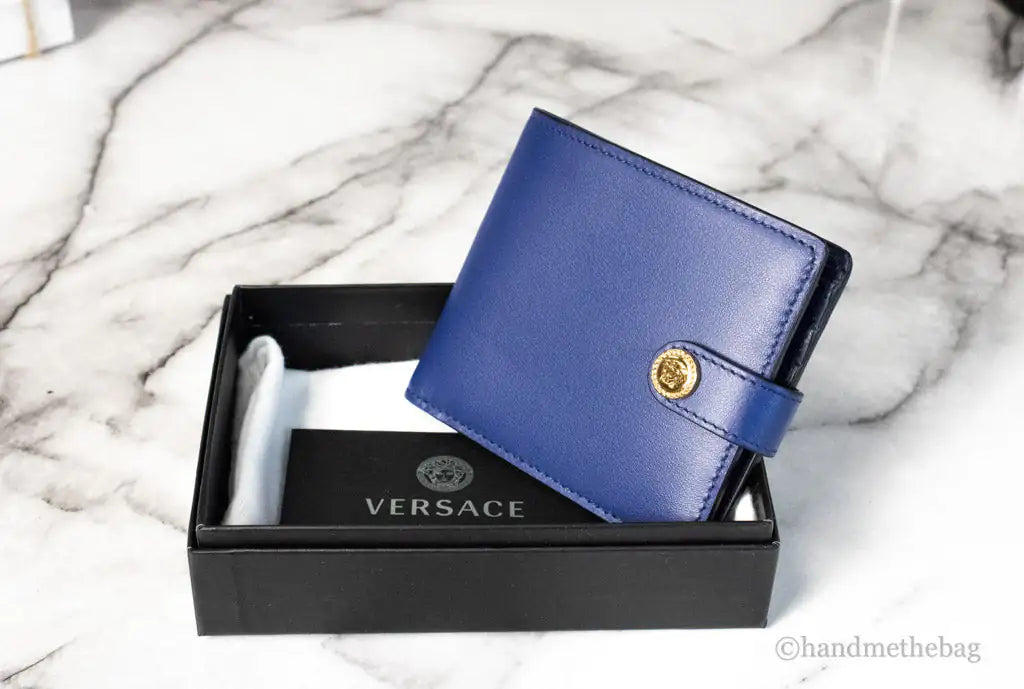 Versace Navy Blue Compact Leather Medusa Snap Bifold Wallet