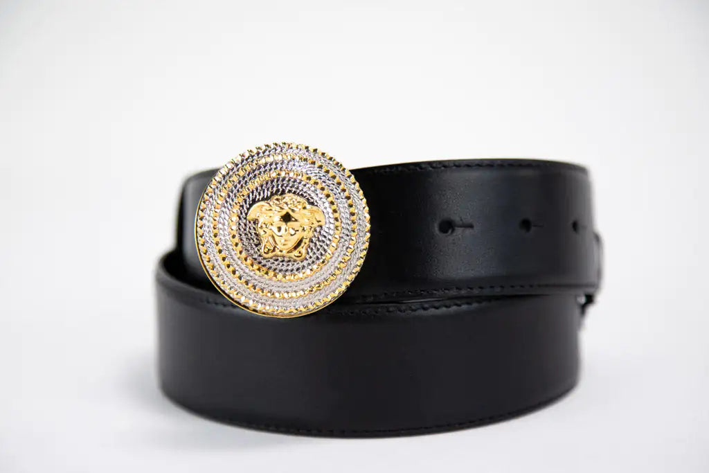 Versace Leather Round Ridged Medusa Emblem Adjustable Belt