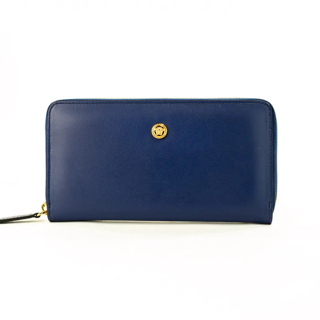 Versace Navy Leather Medusa Continental Clutch Wallet