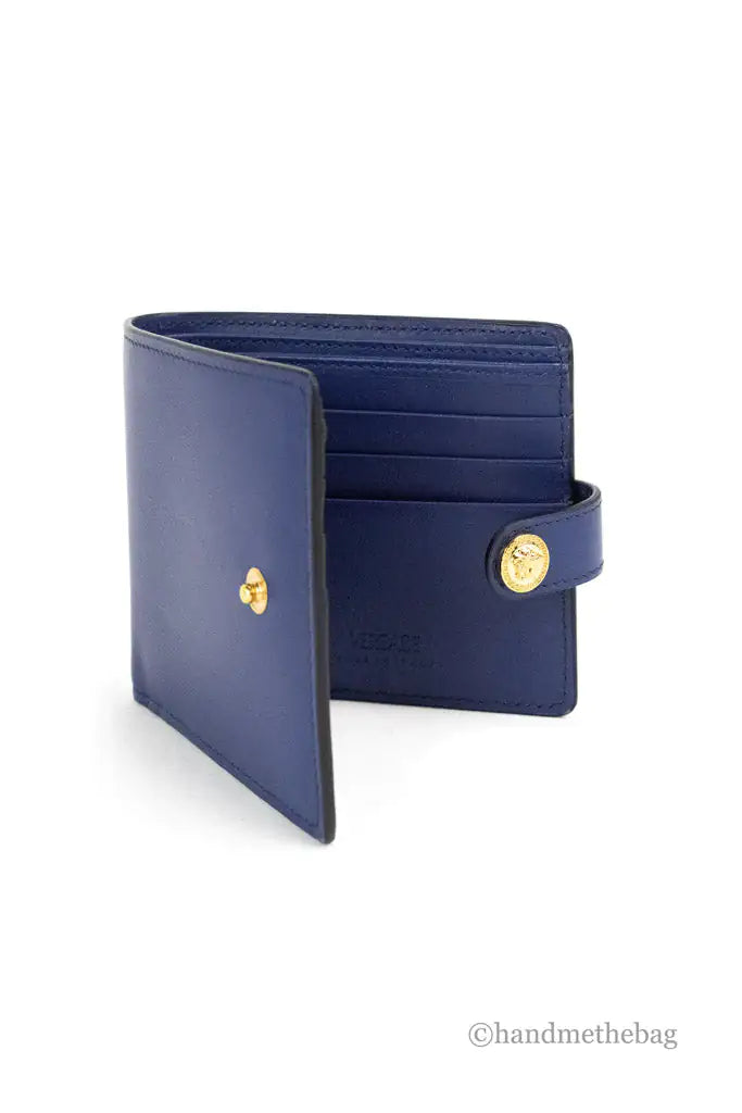 Versace Navy Blue Compact Leather Medusa Snap Bifold Wallet