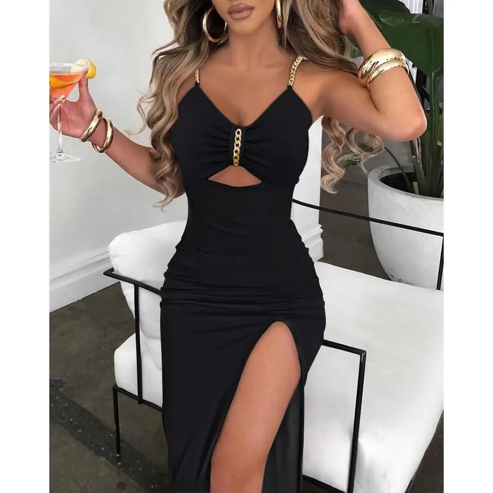 V-Neck Chain Décor High Slit Dress